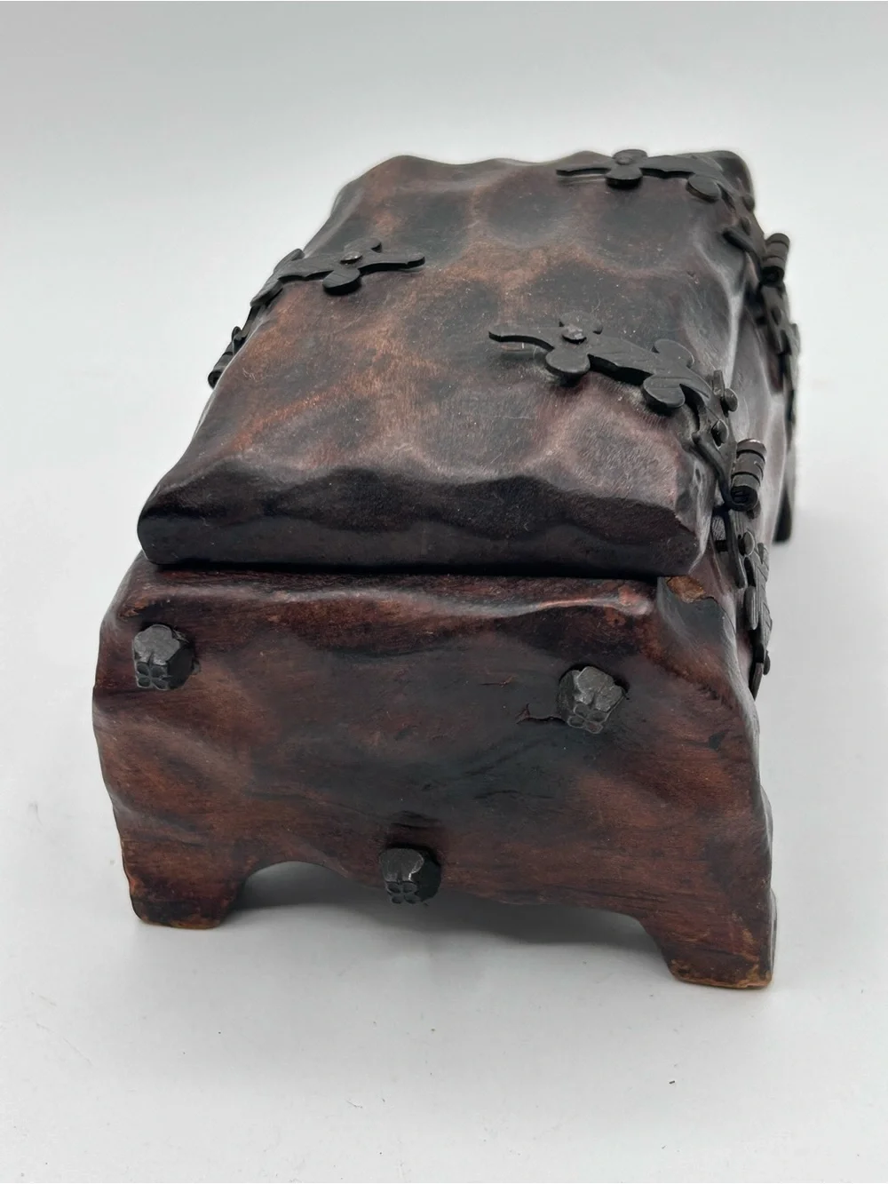 Vintage Hand Carved Rustic Domed Wooden Treasure Chest Trinket Box Brutalist